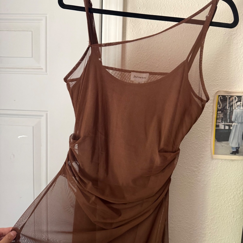FIND ME NOW brown mesh knit asymmetrical sleeveless midi dress - Picture 2 of 5